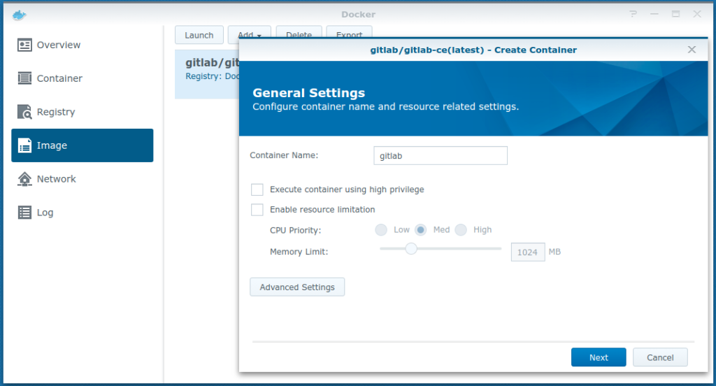 GitLab on a DiskStation - DSM Docker Container General Settings