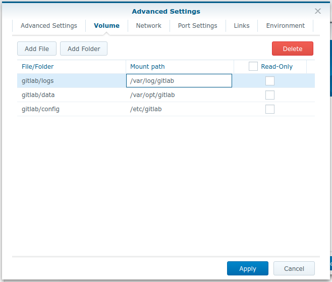 GitLab on a DiskStation - DSM Docker Container Volume Settings